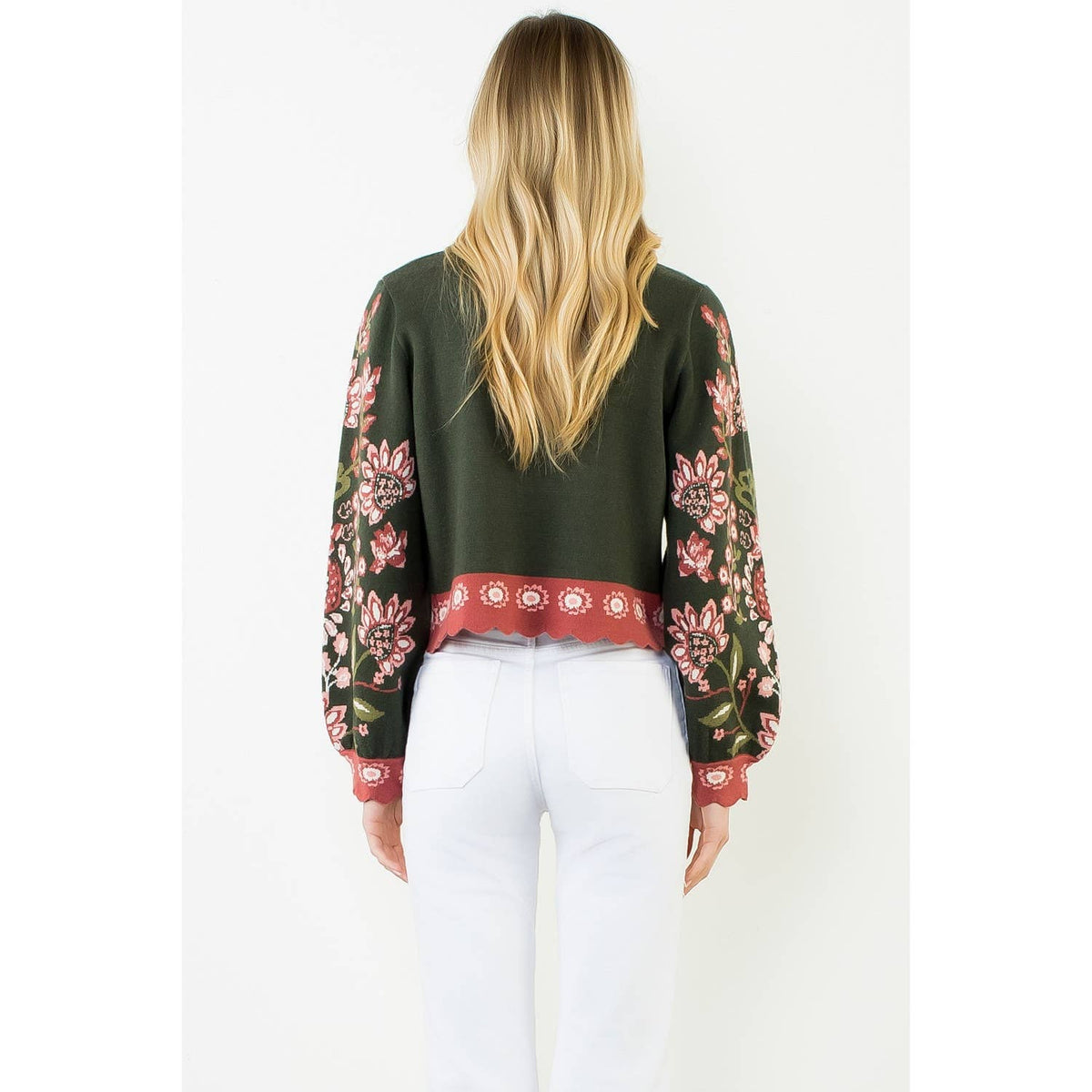 THML Olive High Neck Floral Sweater