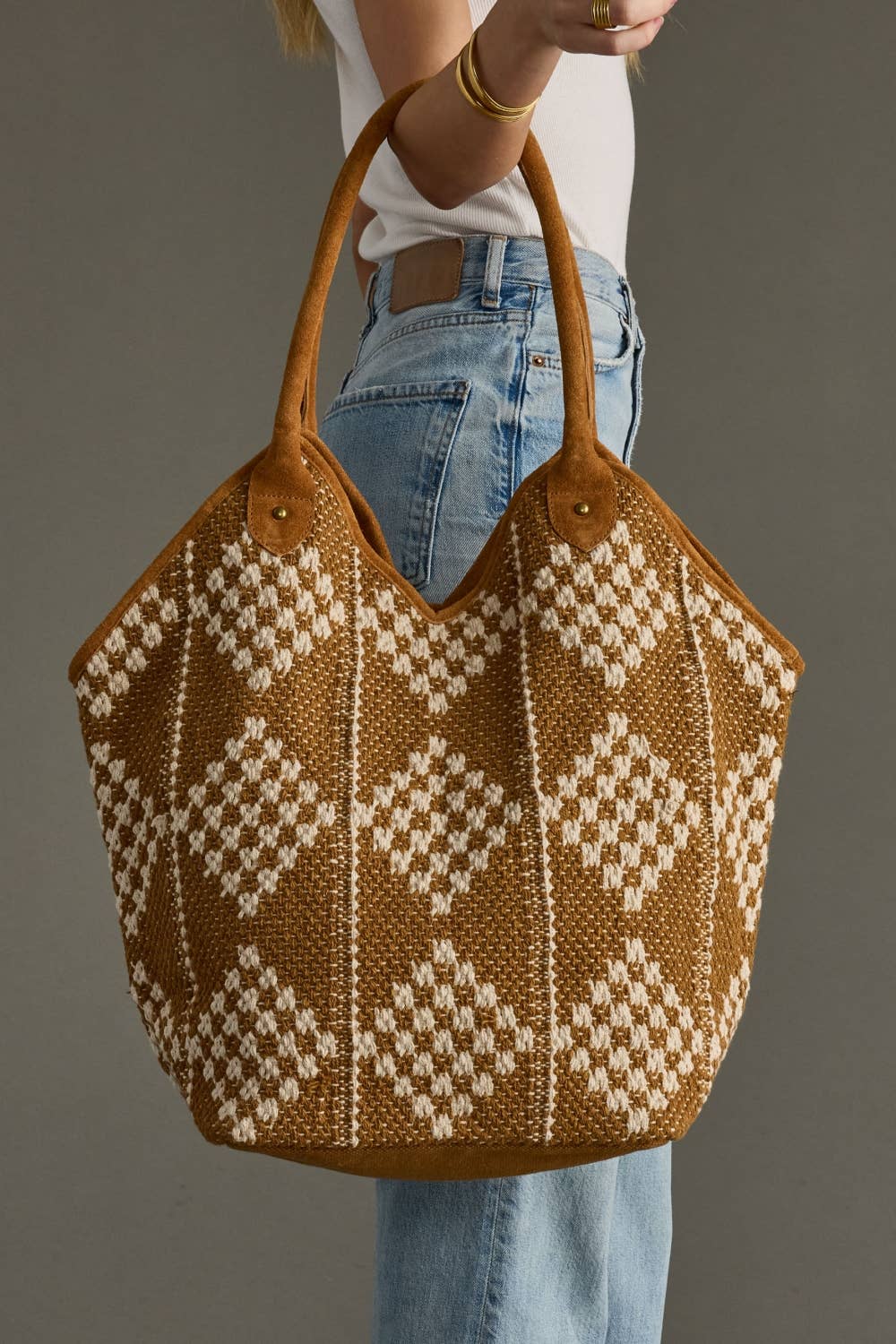 Brown & Cream Diamond-Pattern Tote