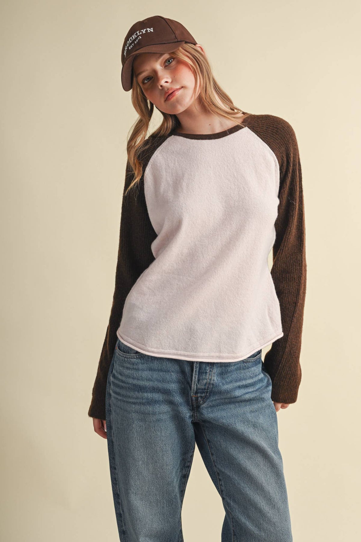 &MERCI Blue/White Sweater Knit Raglan Baseball Tee