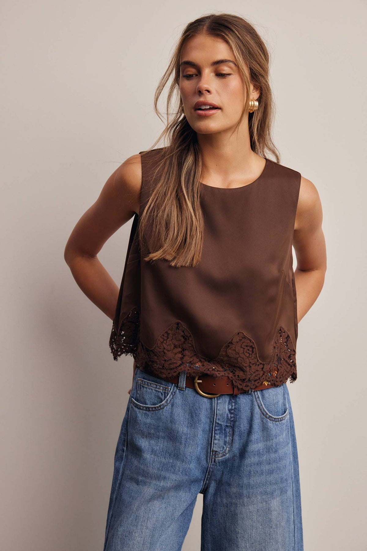 Forte Satin Lace-Hem Sleeveless Top - Slate Blue