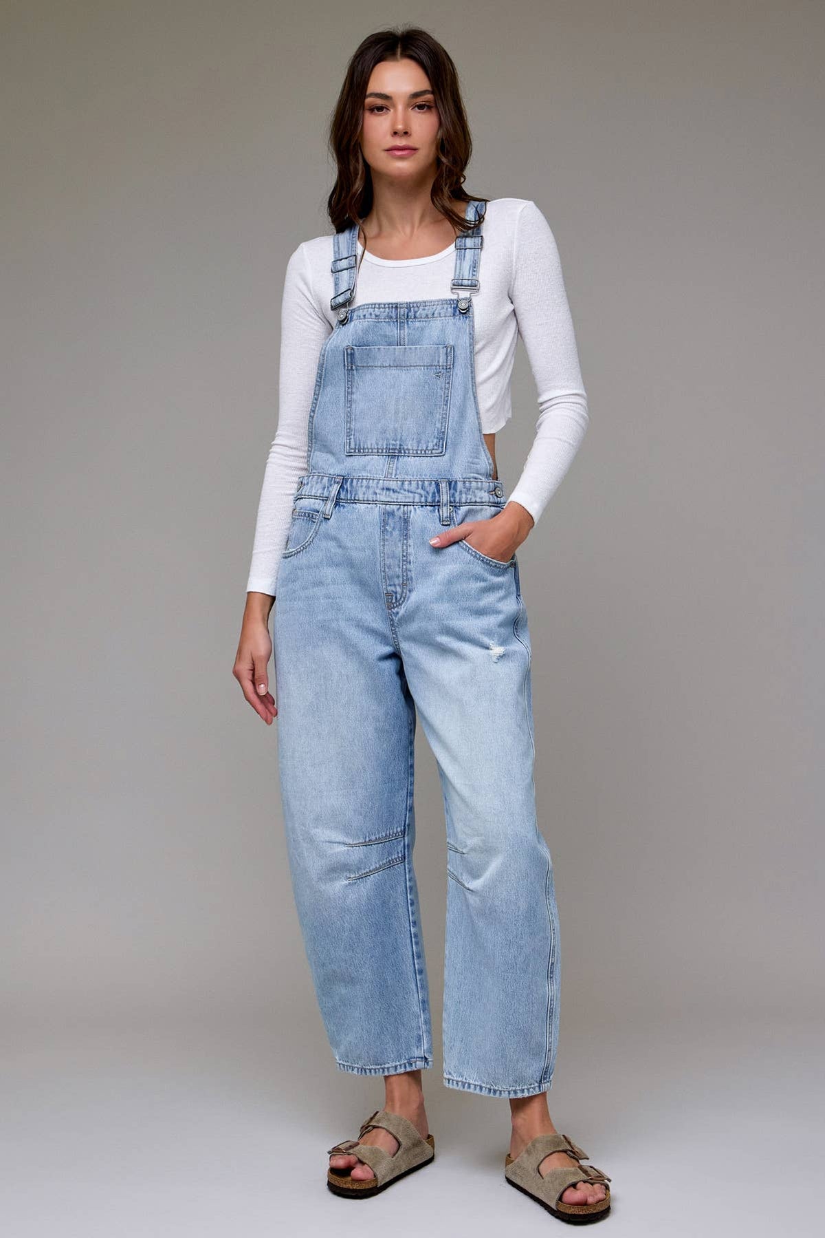 Light-Wash Cropped Barrel Overalls