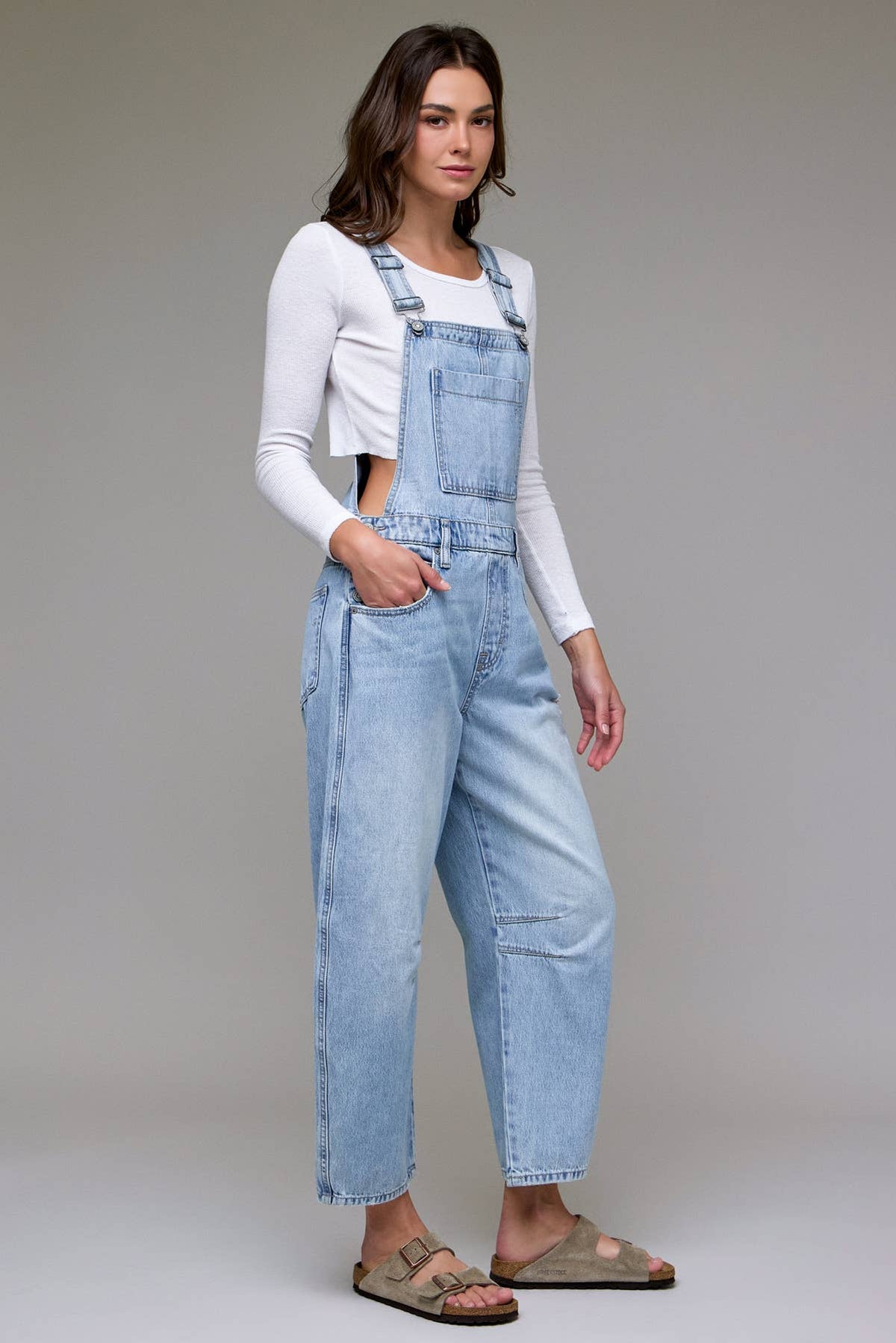Light-Wash Cropped Barrel Overalls