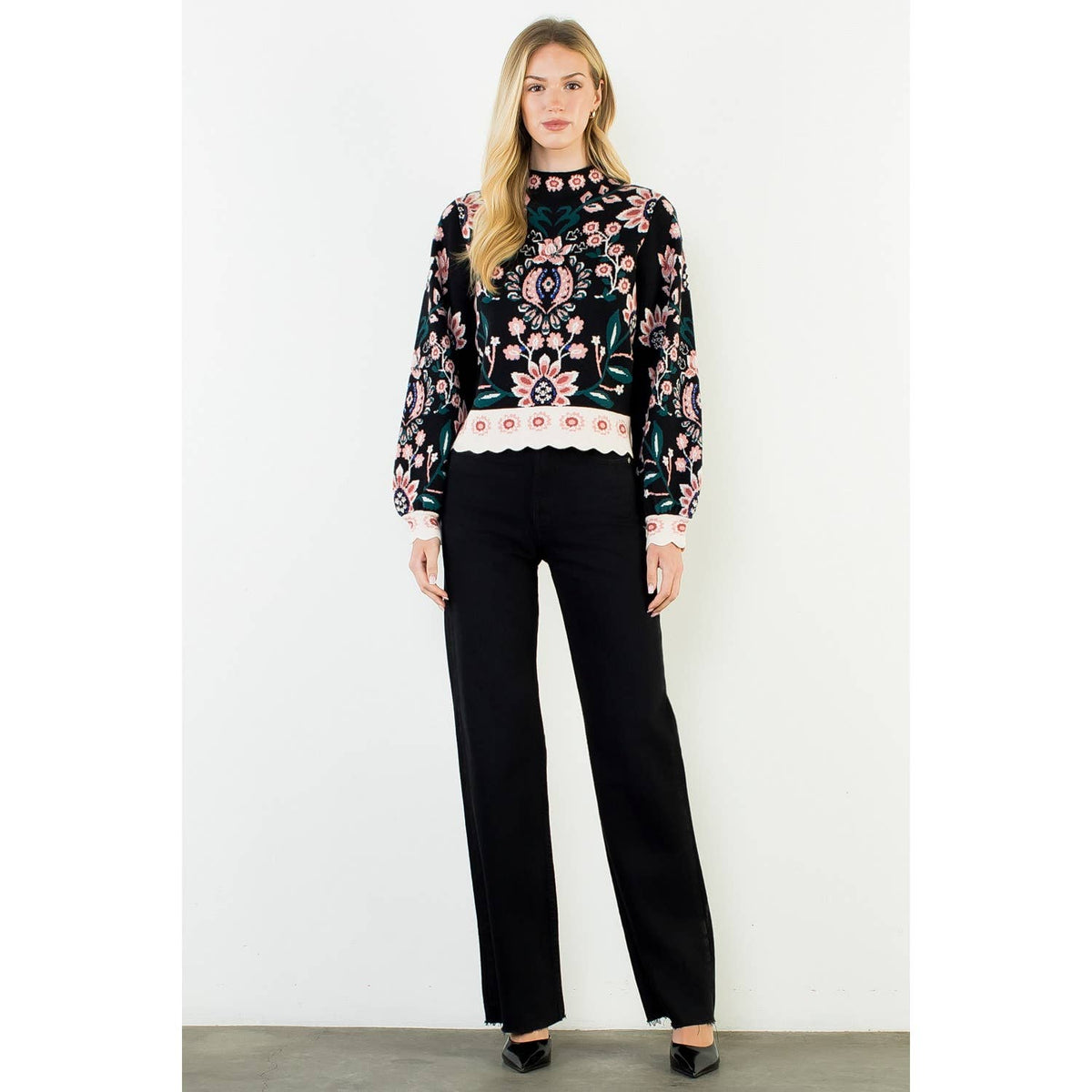THML Olive High Neck Floral Sweater