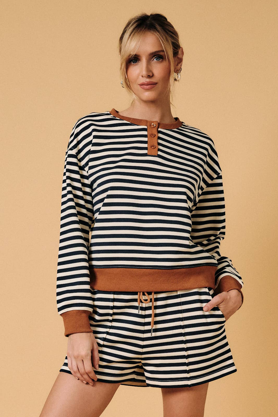 Henley Neck Contrast Trim Striped Sweatshirt