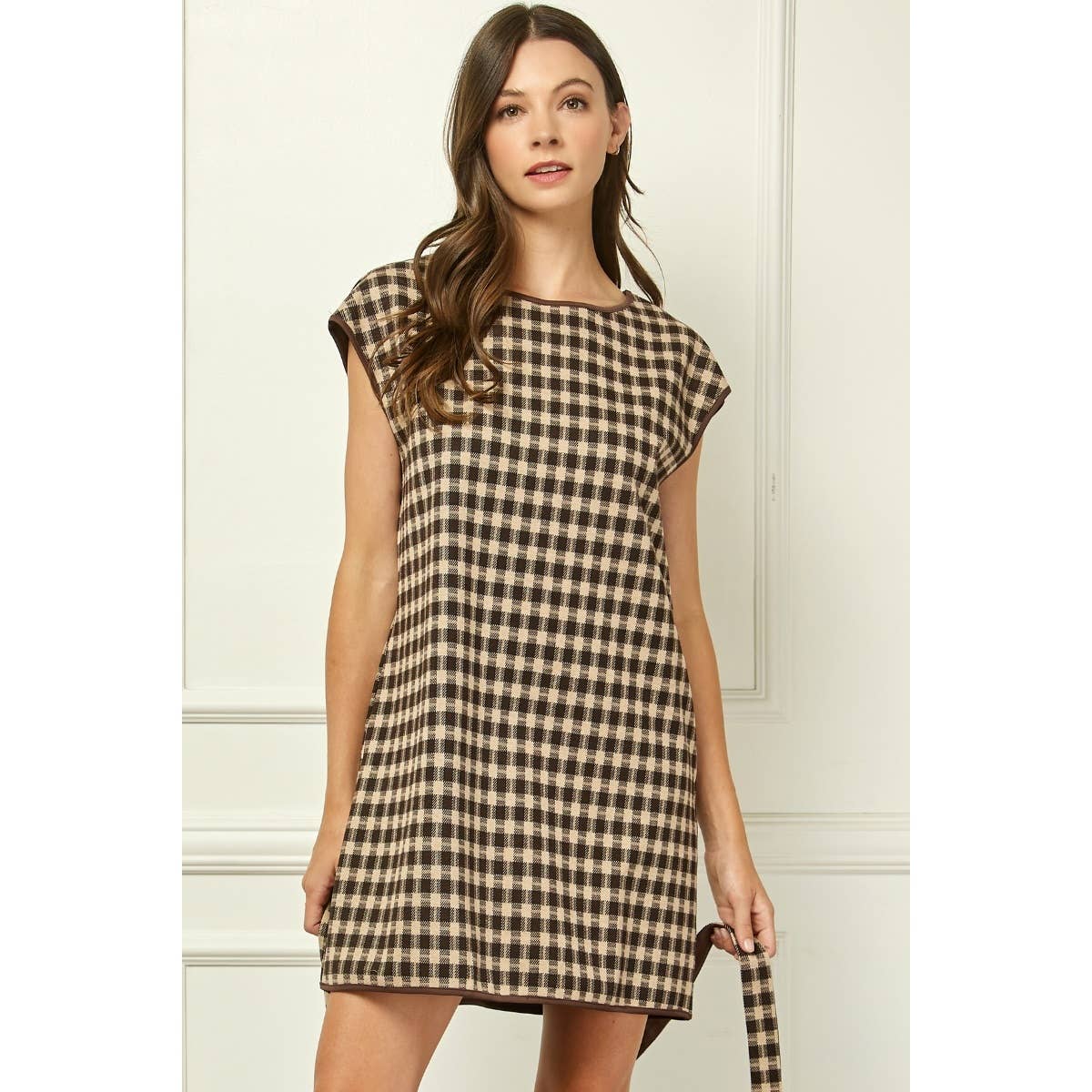 Brown Checker-Knit Belted Mini Dress