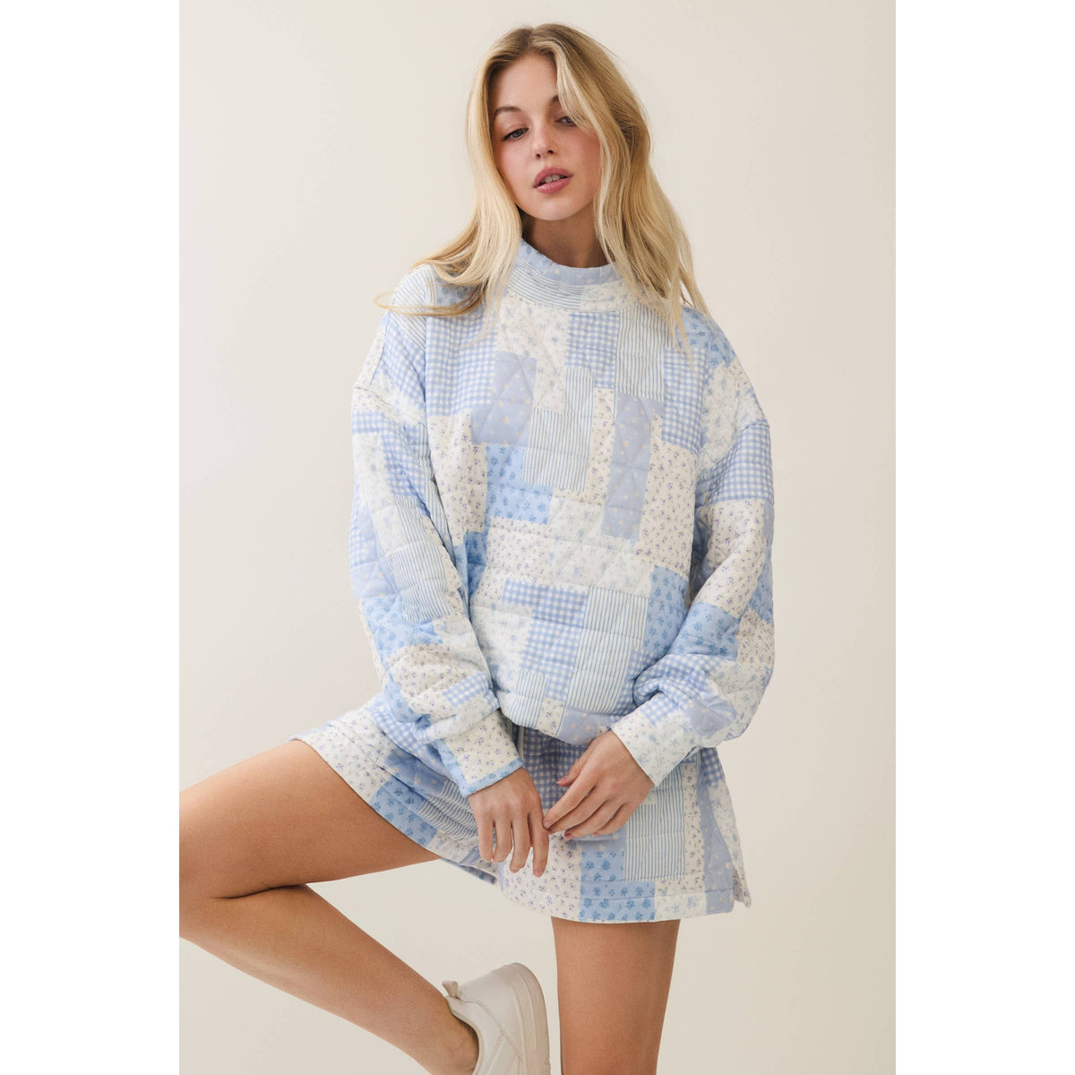 Veveret Pink Patchwork Quilted Mock Neck Pullover