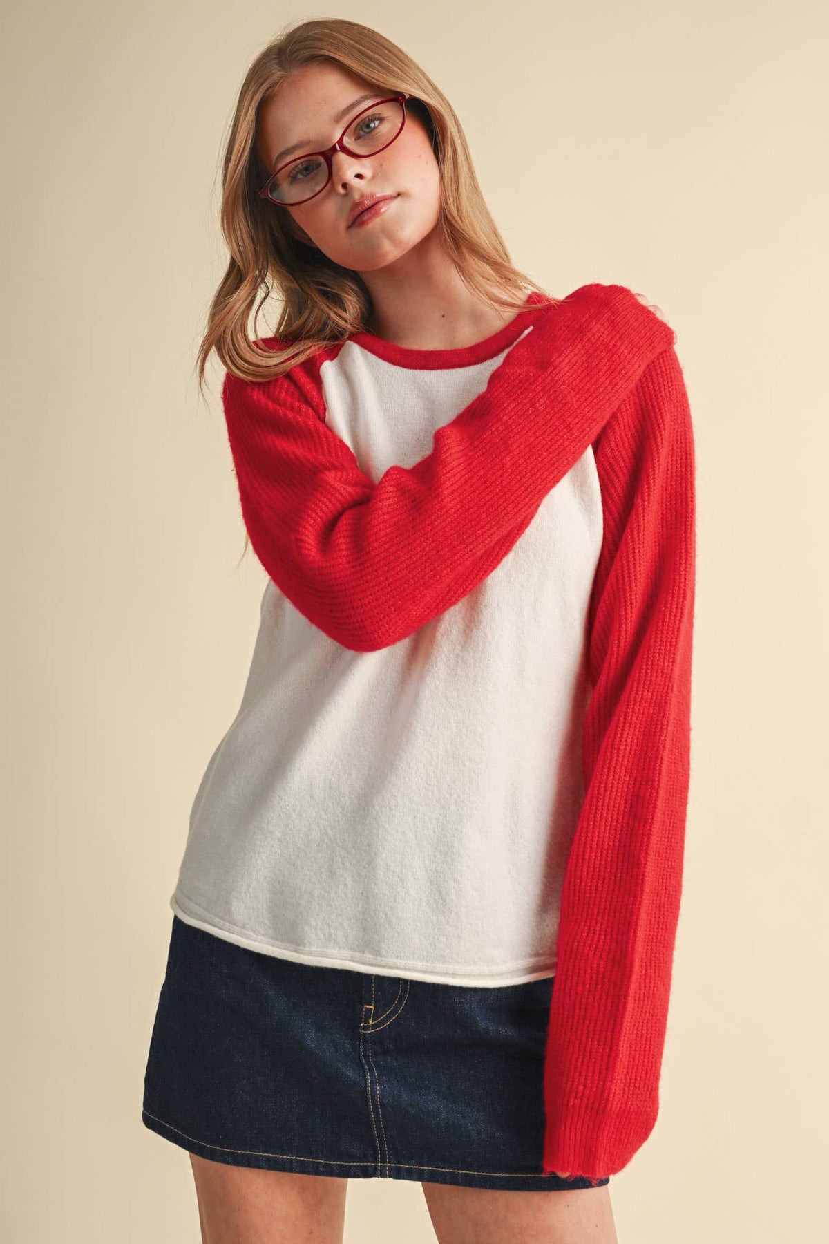 &MERCI Blue/White Sweater Knit Raglan Baseball Tee