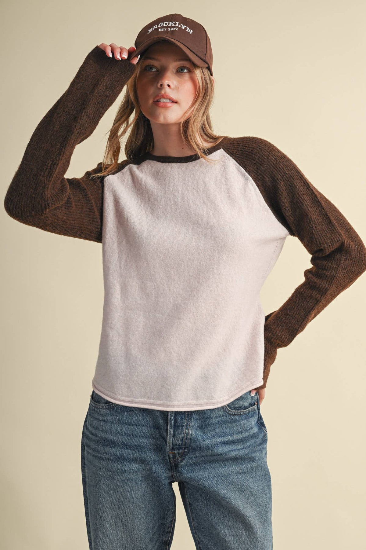 &MERCI Blue/White Sweater Knit Raglan Baseball Tee