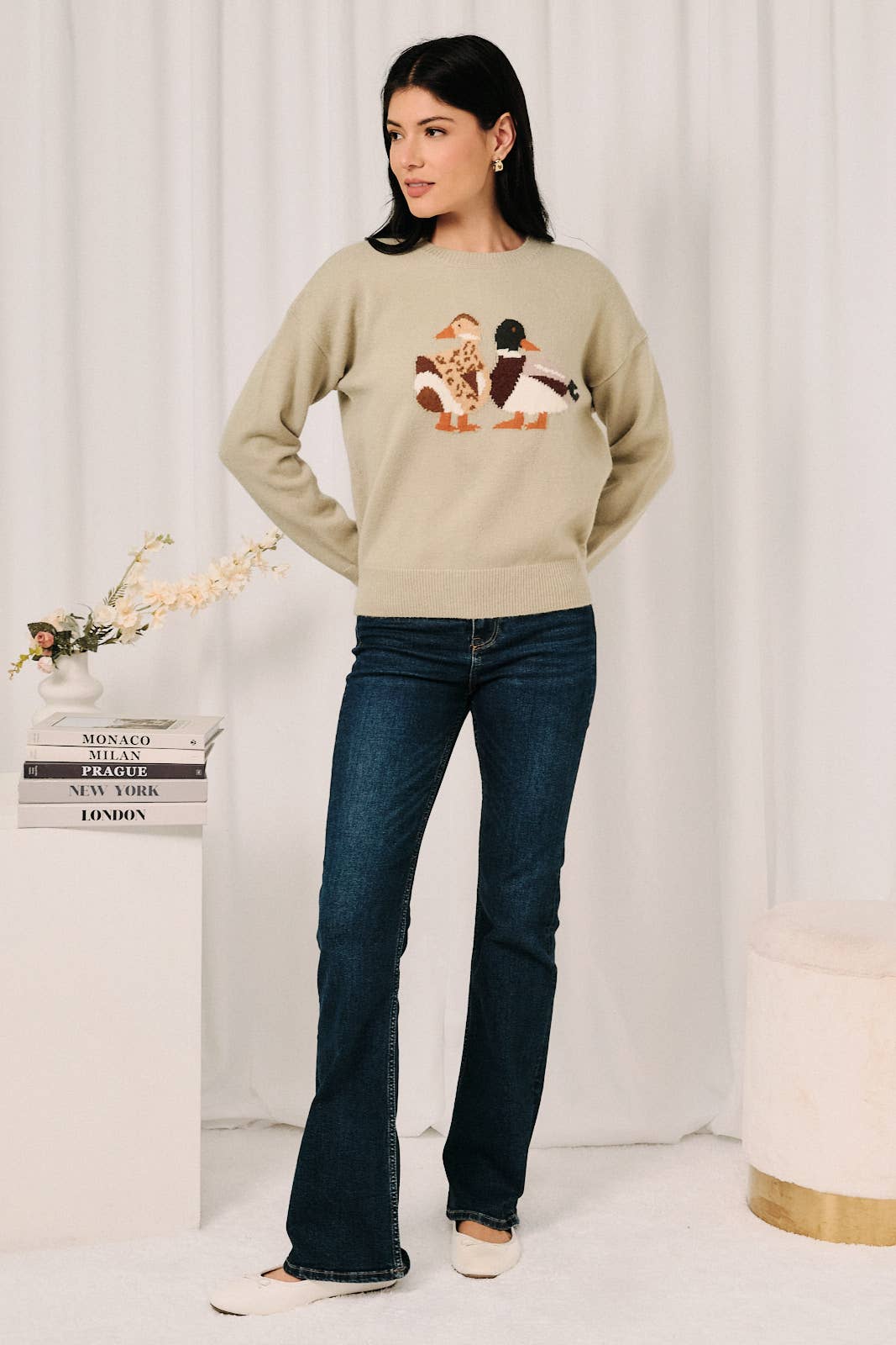 Round Neck Mallard Duck Graphic Long Sleeve Knit Sweater