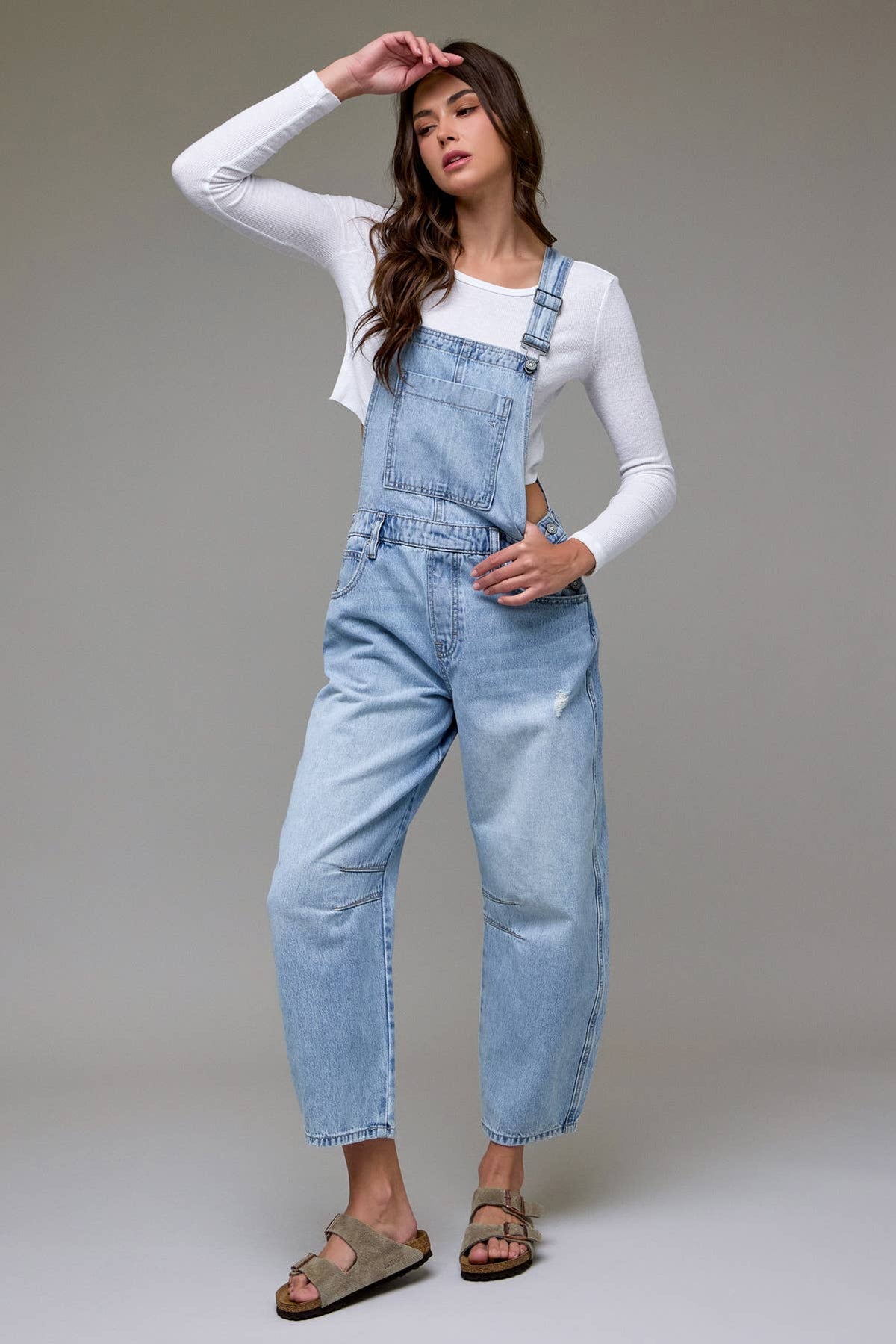 Light-Wash Cropped Barrel Overalls