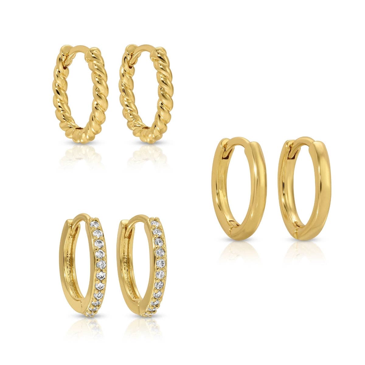 Splendid Iris Gold Huggie Earrings Set of 3 - Pavé, Plain & Twist