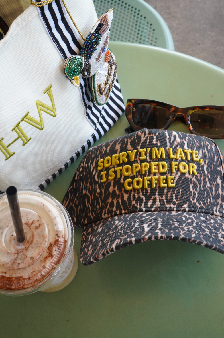 Sorry I'm Late, I Stopped for Coffee Leopard Trucker Hat