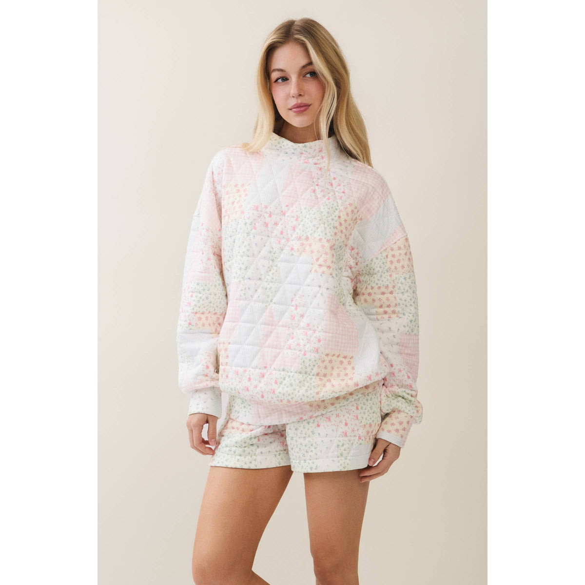 Veveret Pink Patchwork Quilted Mock Neck Pullover