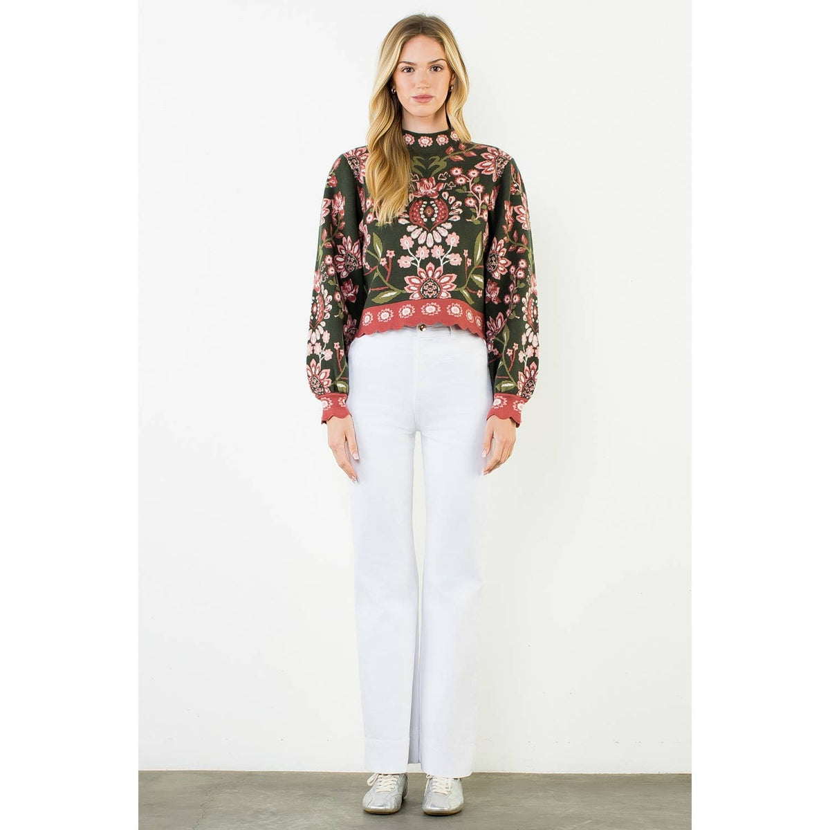 THML Olive High Neck Floral Sweater