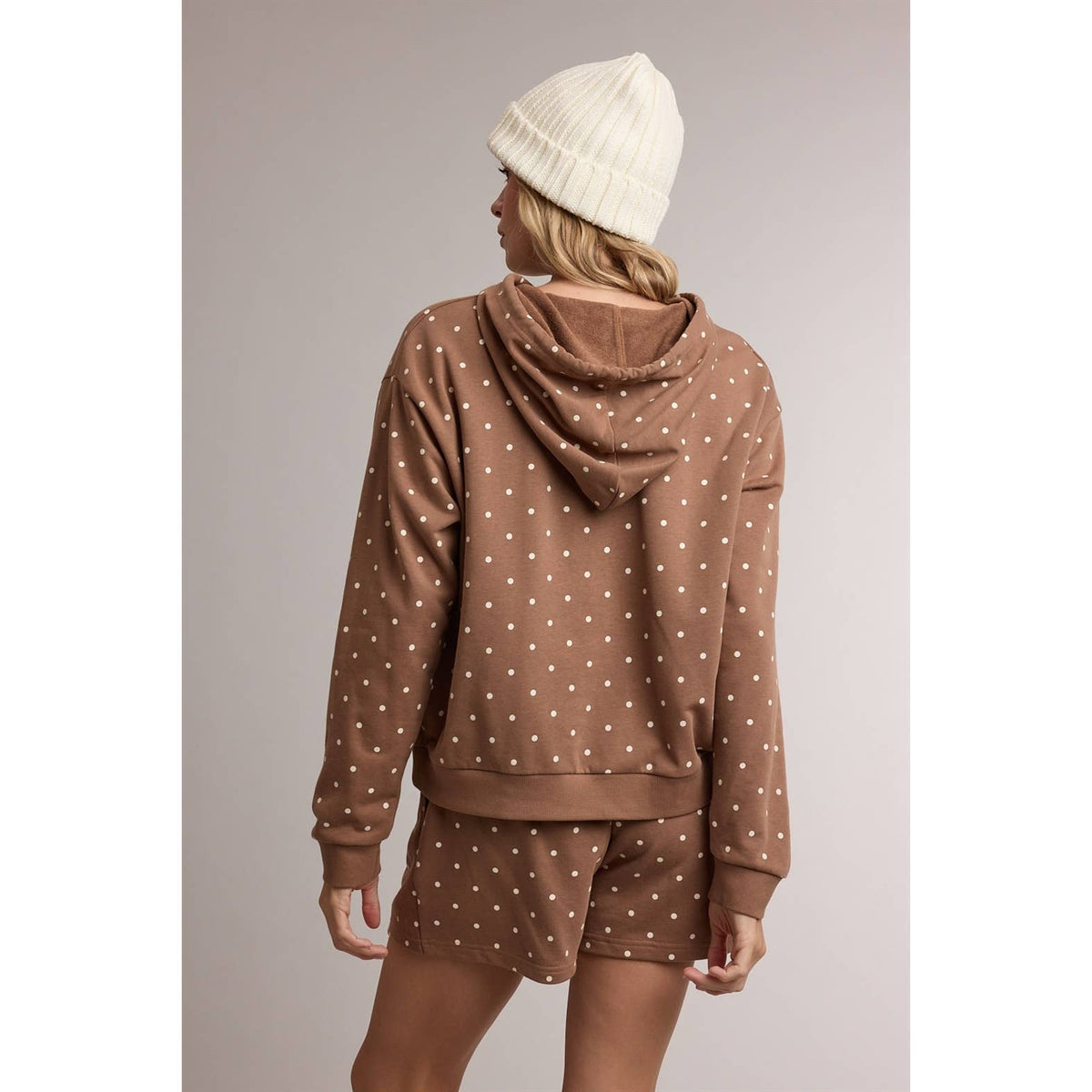 Wishlist Apparel Polka Dot Hoodie & Mini Shorts Set - Mocha/Cream