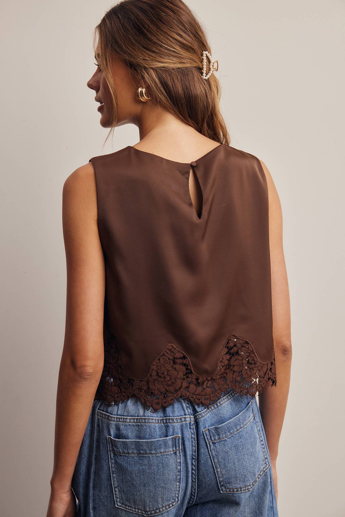 Forte Satin Lace-Hem Sleeveless Top - Slate Blue