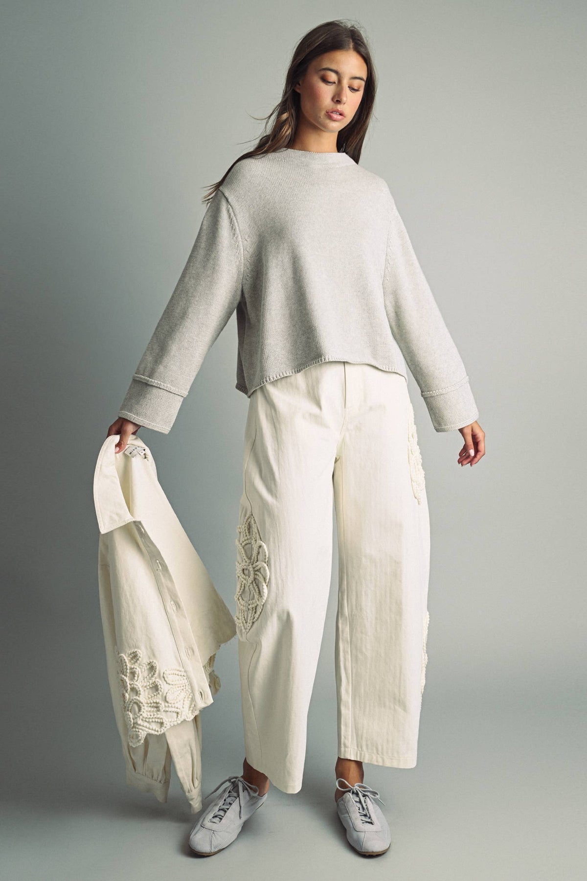 Heather Grey Striped Oversized Cotton Sweater Top