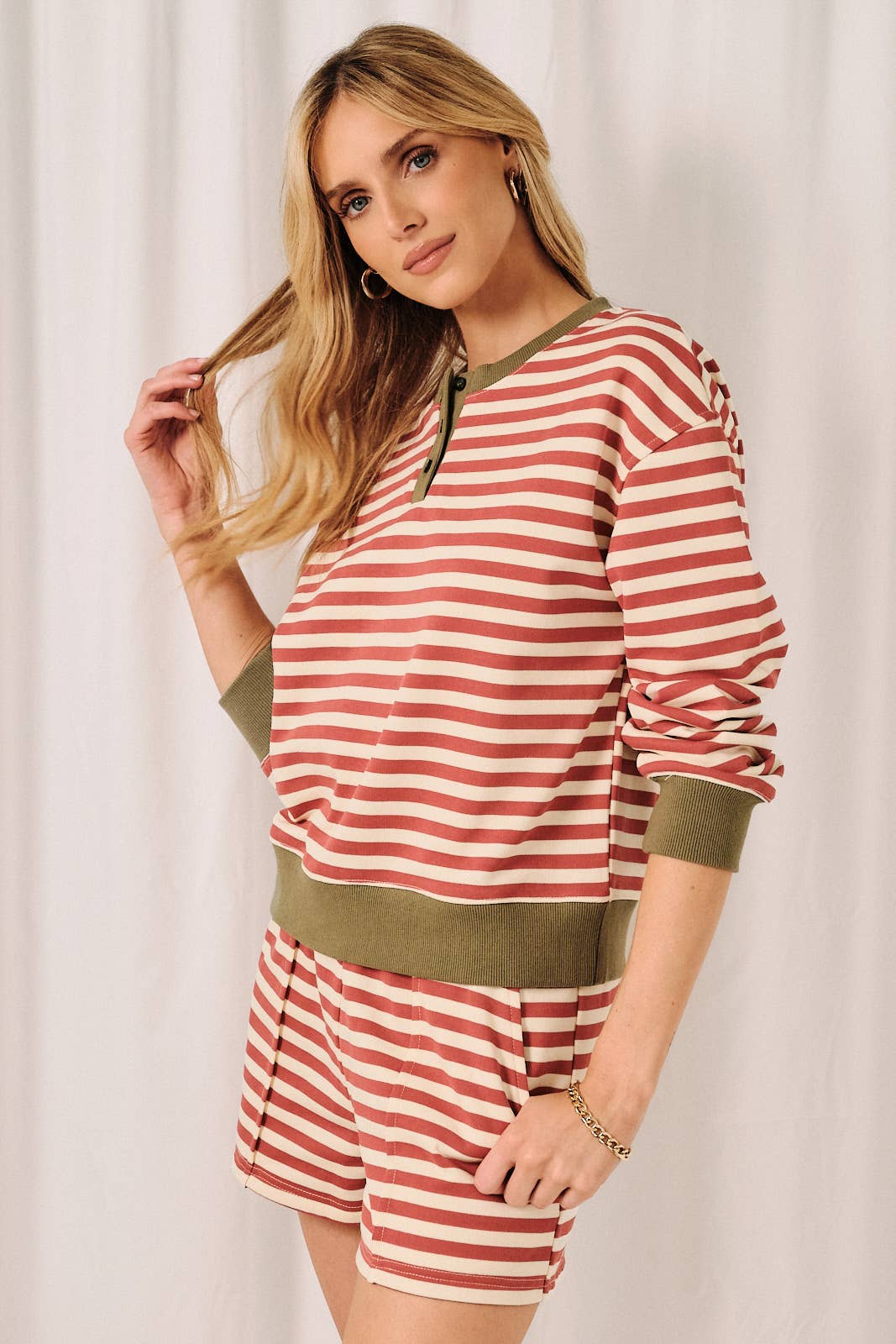 Henley Neck Contrast Trim Striped Sweatshirt