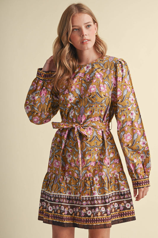 &MERCI Floral Border Print Belted Mini Dress - Brown/Olive Multi