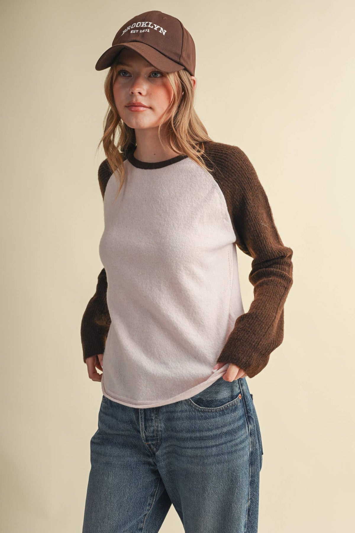 &MERCI Blue/White Sweater Knit Raglan Baseball Tee