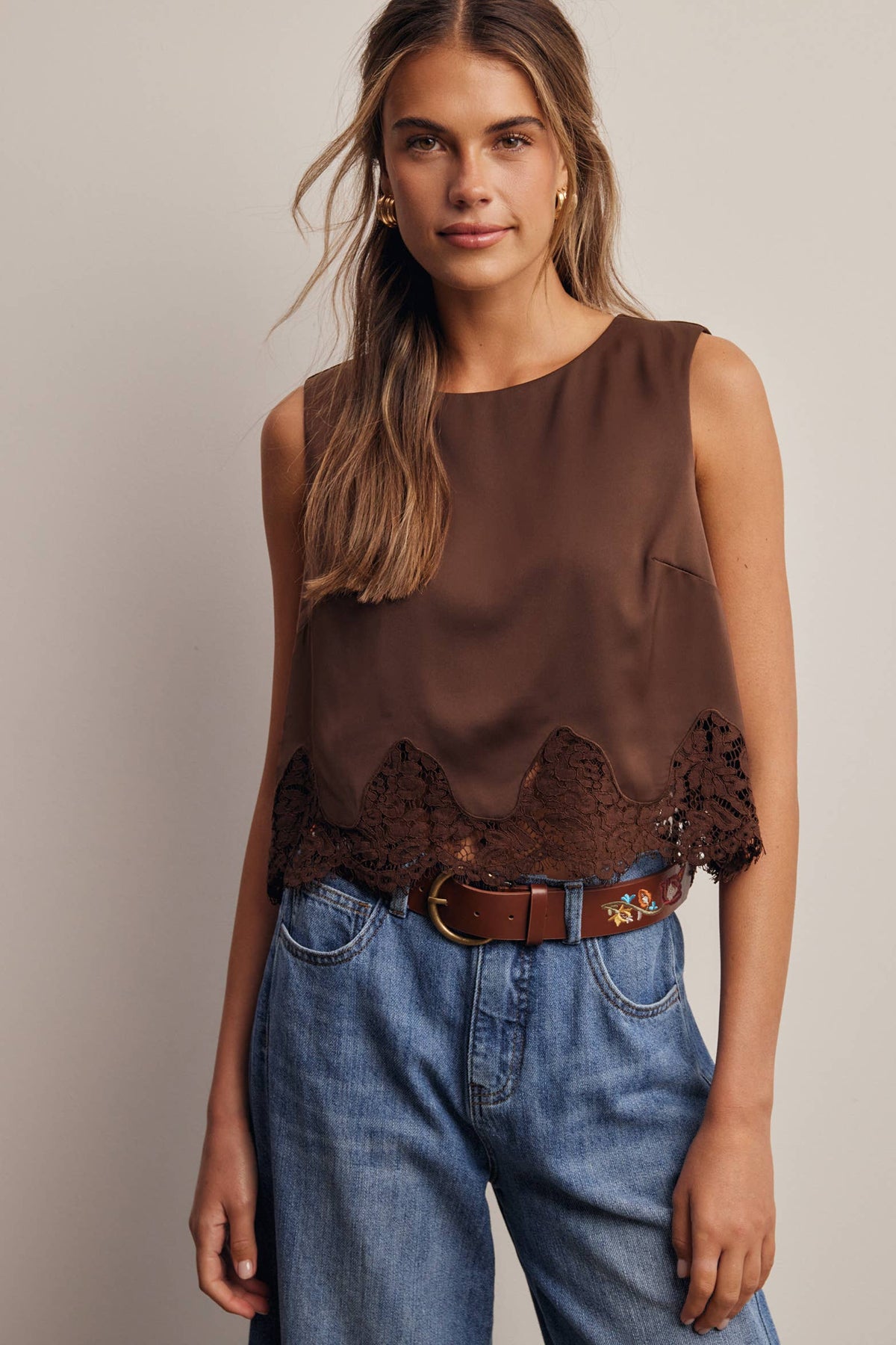 Forte Satin Lace-Hem Sleeveless Top - Slate Blue