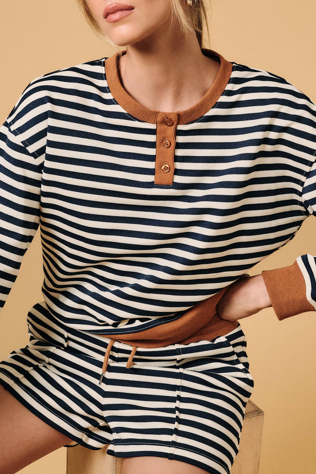 Henley Neck Contrast Trim Striped Sweatshirt