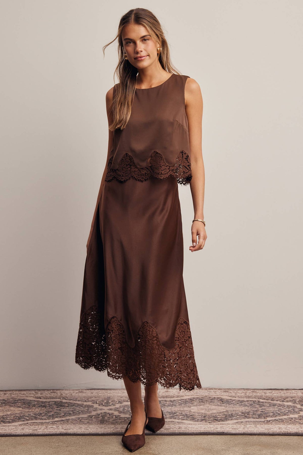 Forte Satin Lace-Hem Sleeveless Top - Slate Blue