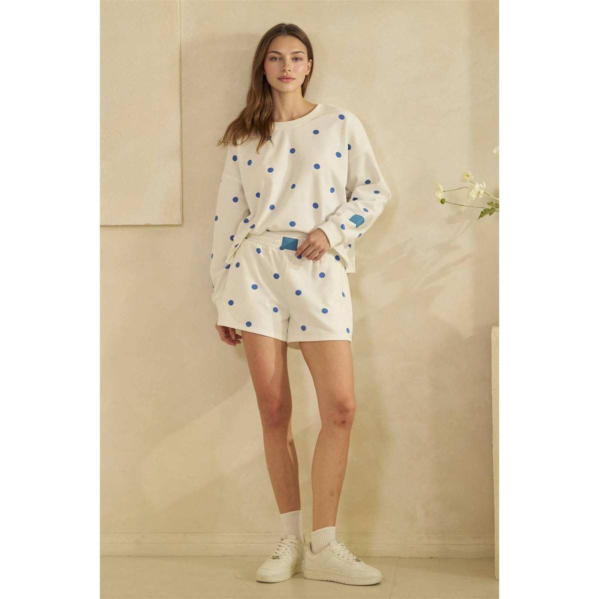 White & Blue Polka-Dot Lounge Crewneck Sweatshirt