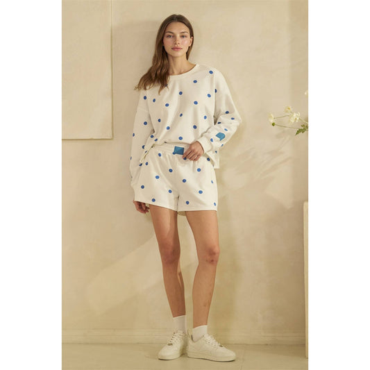 White & Blue Polka-Dot Lounge Crewneck Sweatshirt