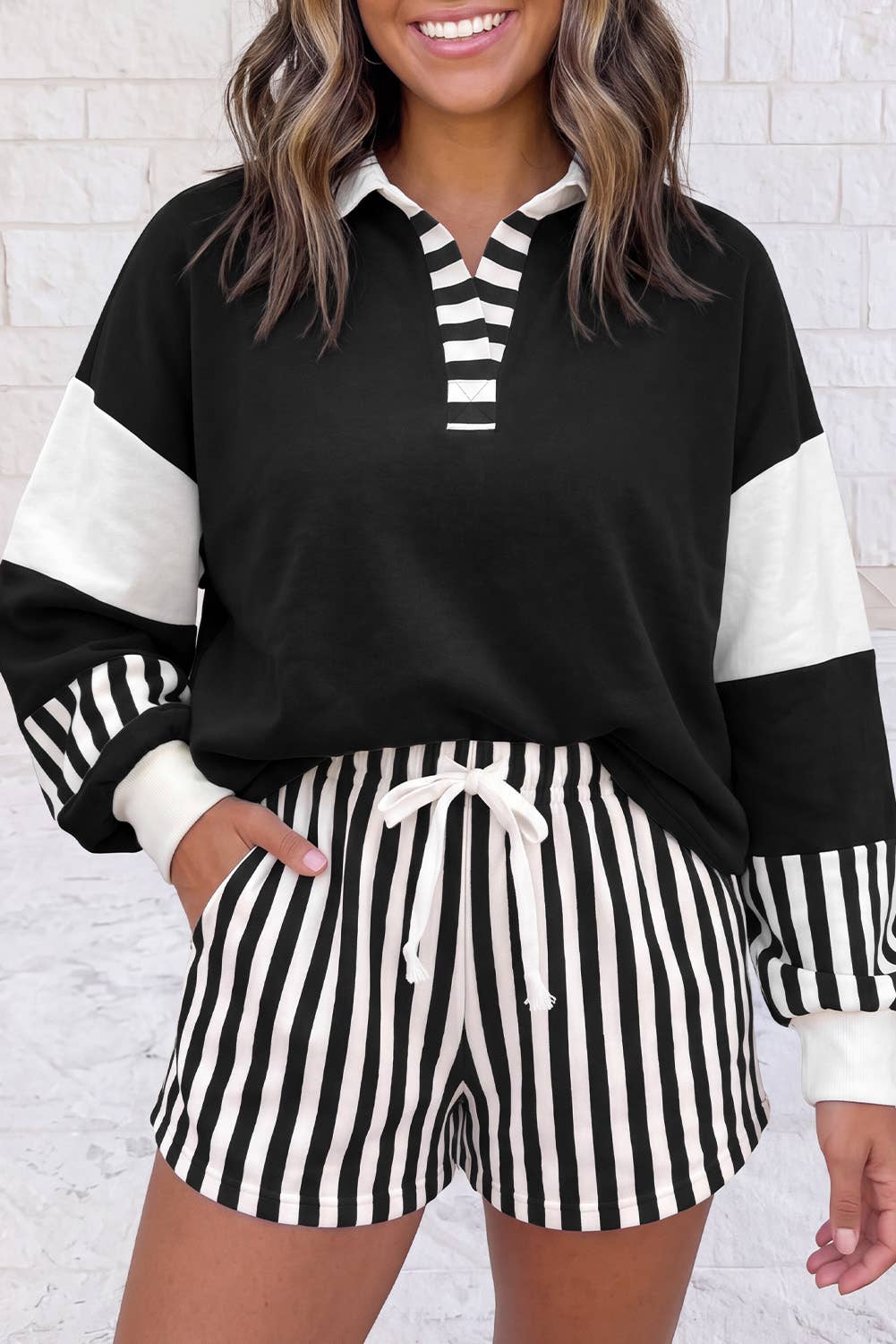 Smoke Green Striped Colorblock Sweatshirt & Shorts Set