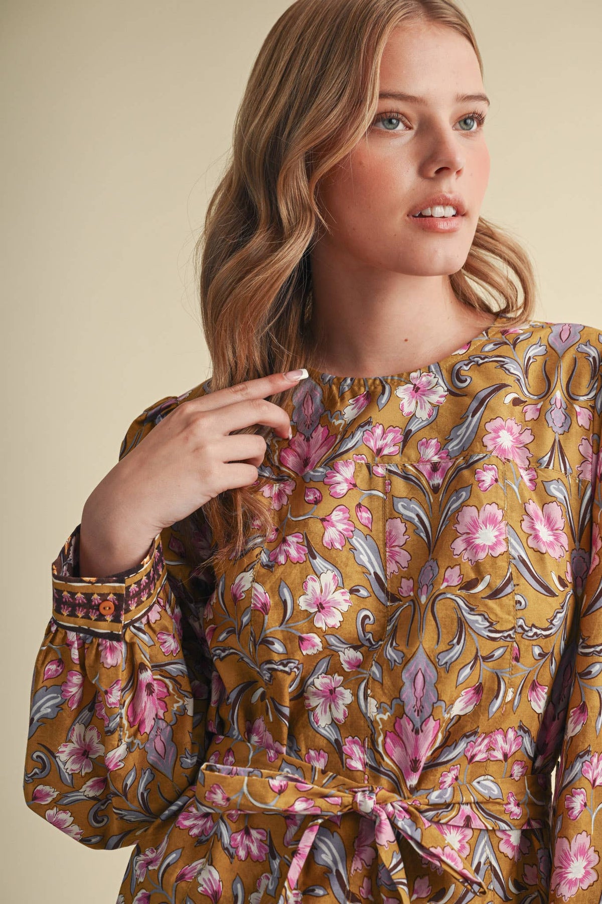 &MERCI Floral Border Print Belted Mini Dress - Brown/Olive Multi
