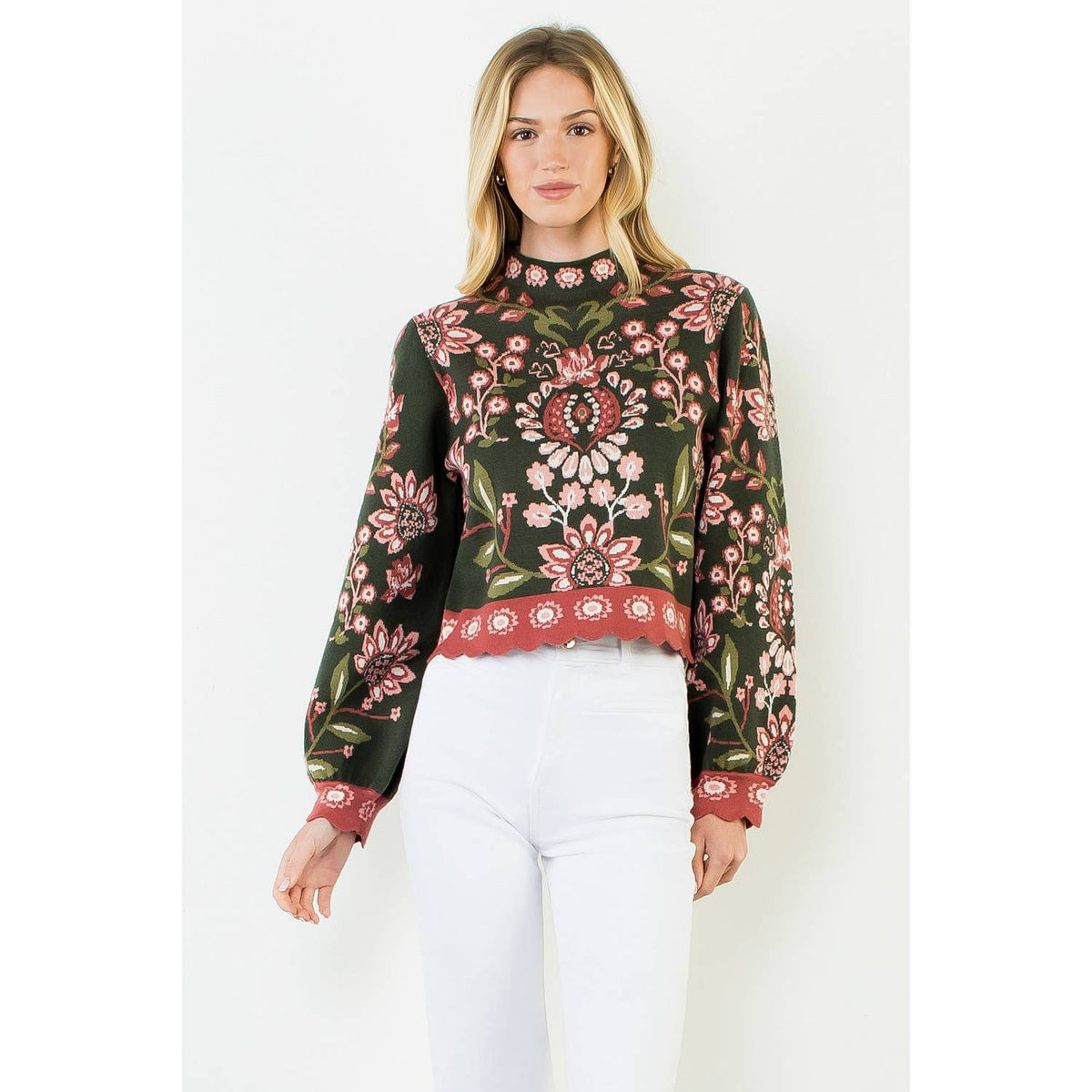THML Olive High Neck Floral Sweater