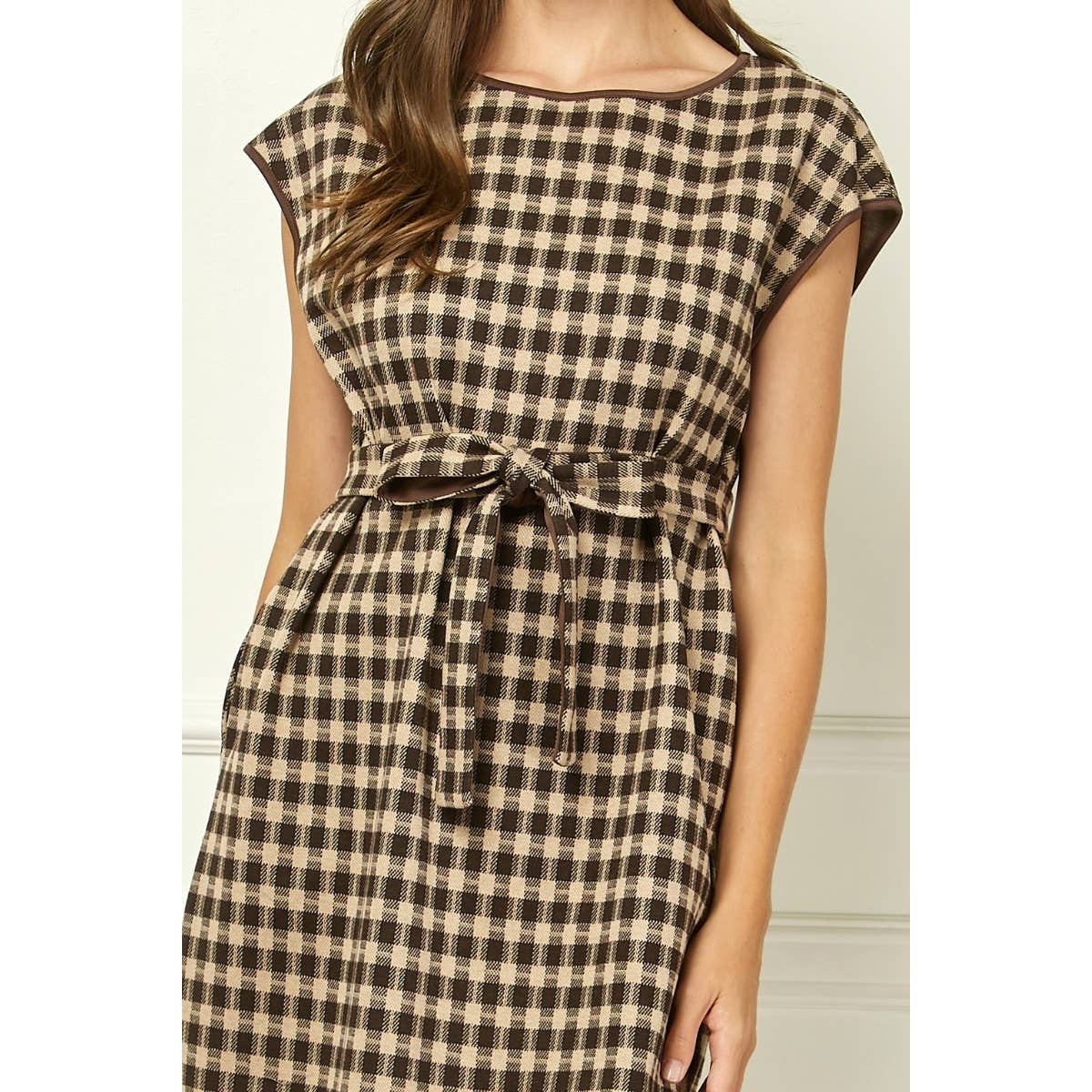 Brown Checker-Knit Belted Mini Dress