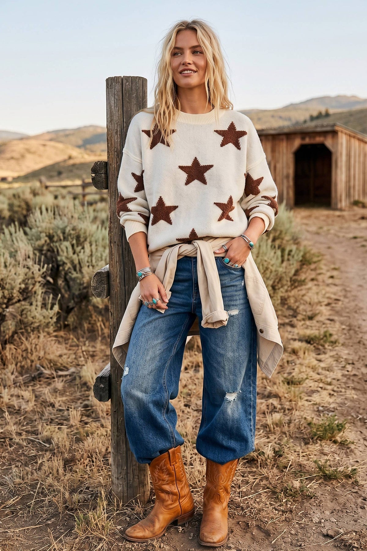 Sewn and Seen Oversized Star Knit Sweater - Ivory/Brown