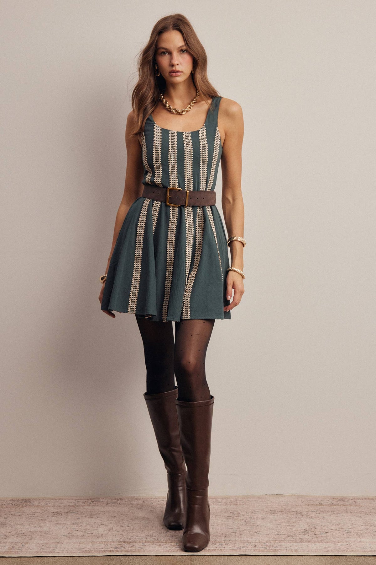 Forte Embroidered Stripe Fit & Flare Mini Dress - Dark Green