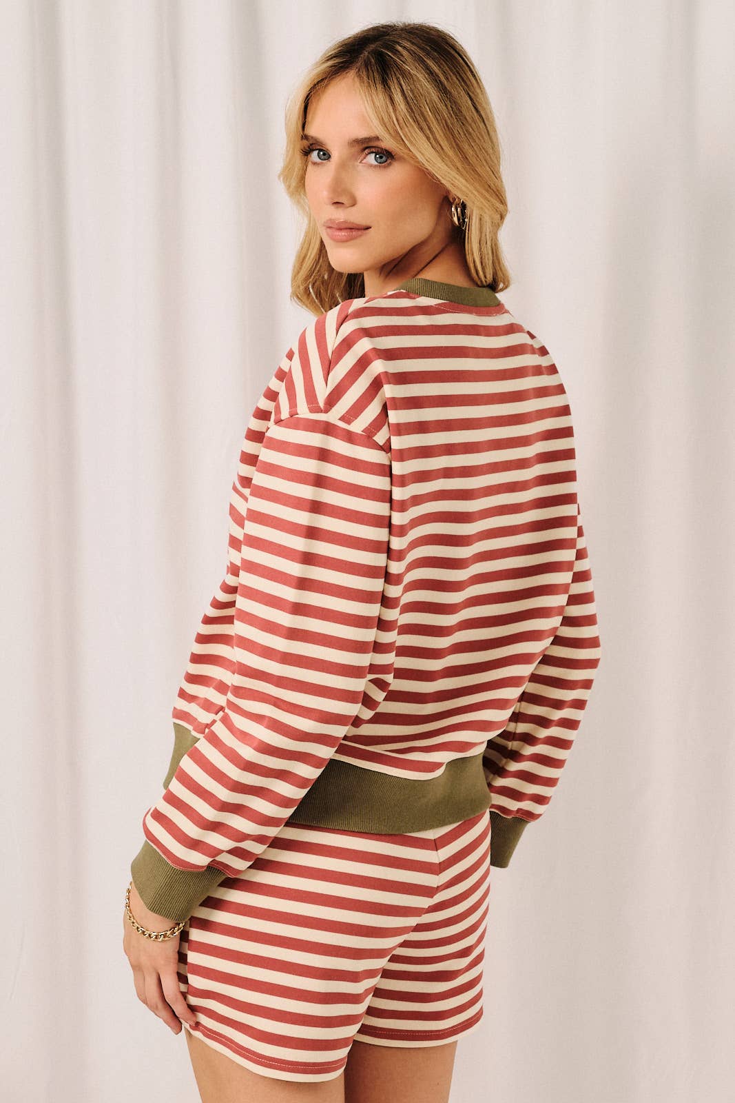 Henley Neck Contrast Trim Striped Sweatshirt