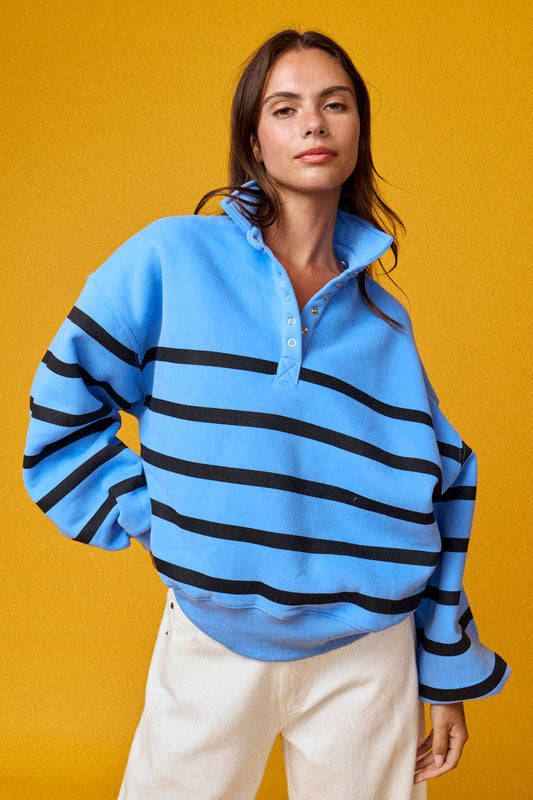 Addison Blue & Black Striped Snap-Neck Fleece Pullover