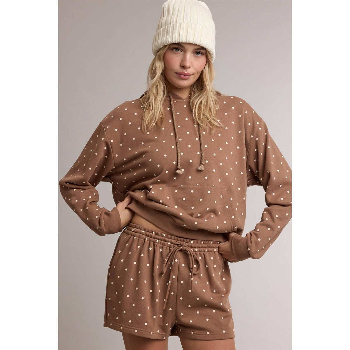 Wishlist Apparel Polka Dot Hoodie & Mini Shorts Set - Mocha/Cream