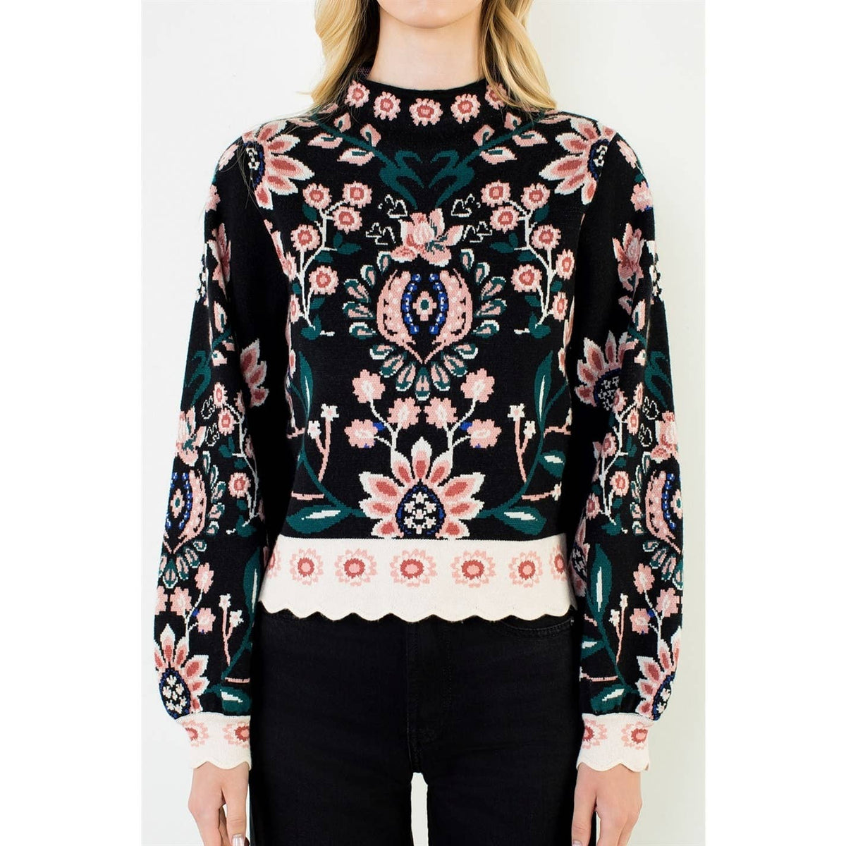 THML Olive High Neck Floral Sweater