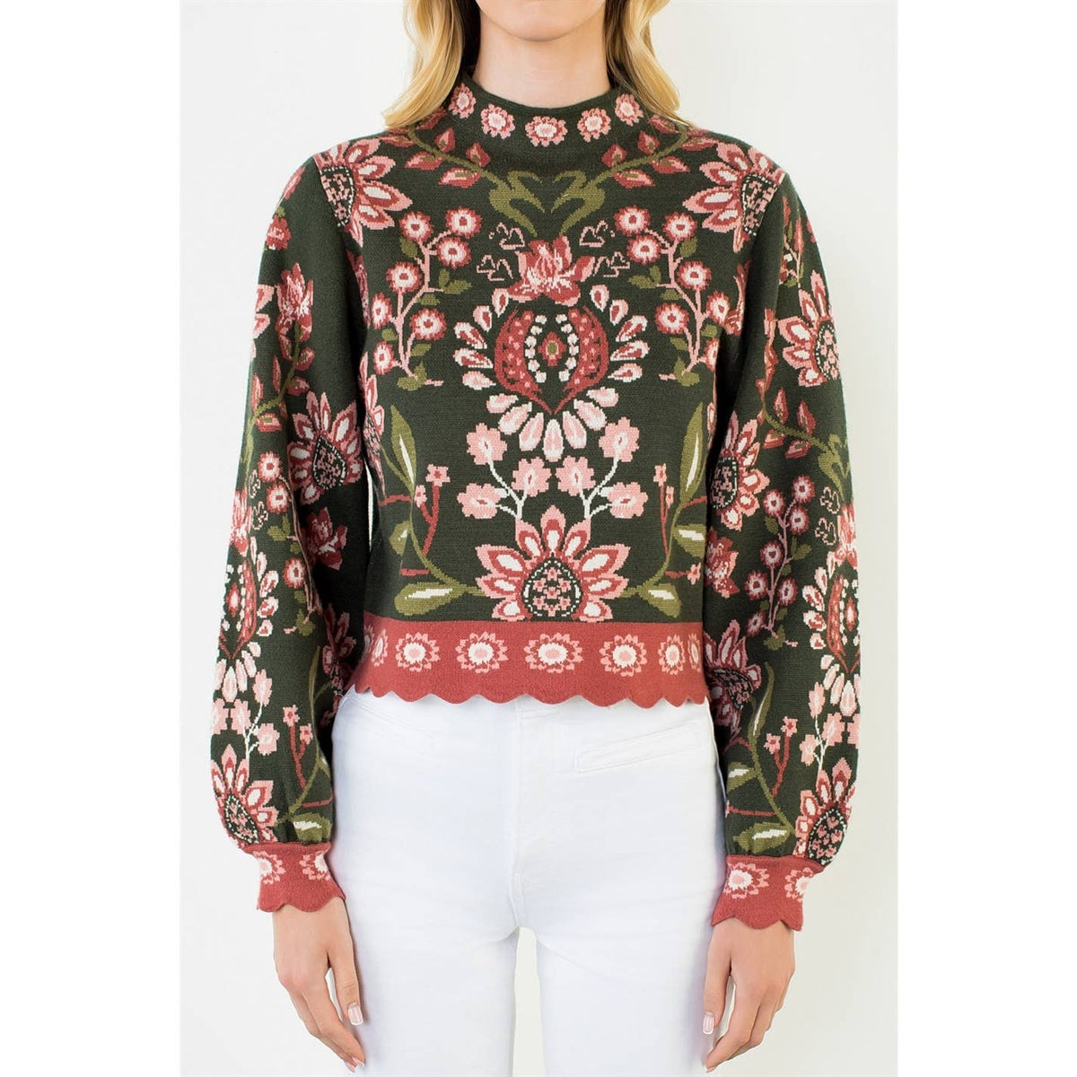 THML Olive High Neck Floral Sweater