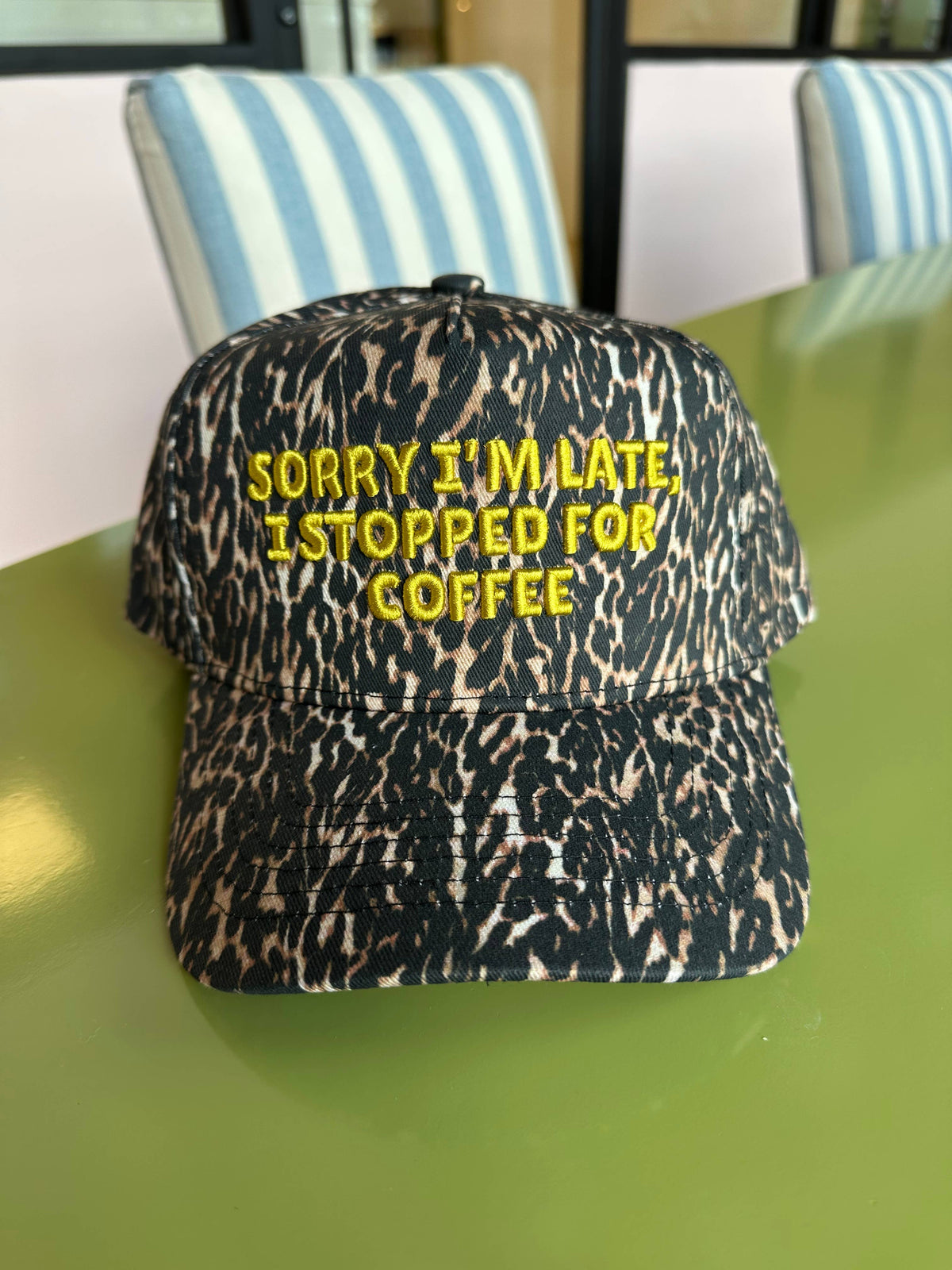 Sorry I'm Late, I Stopped for Coffee Leopard Trucker Hat