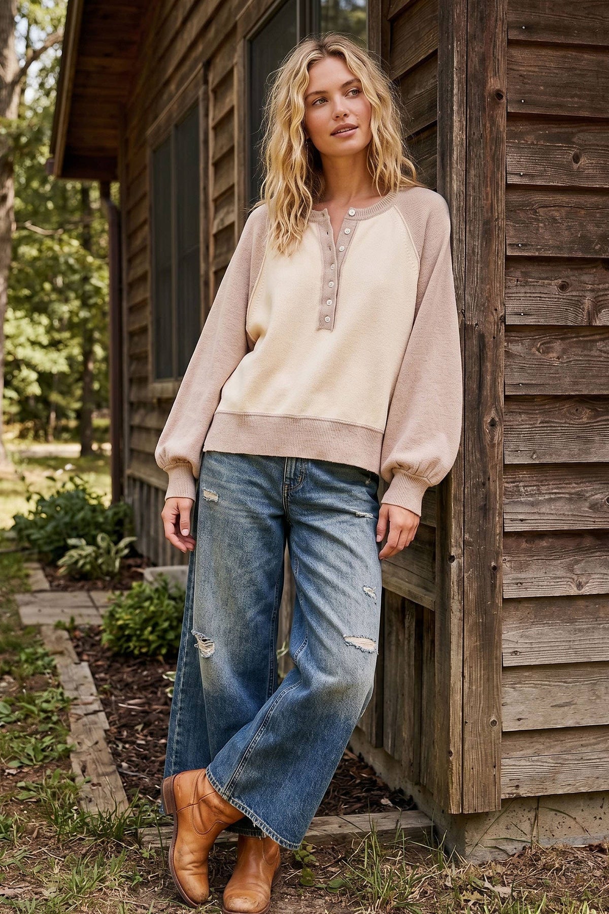 Sewn and Seen Taupe/Cream Color Block Henley Sweater