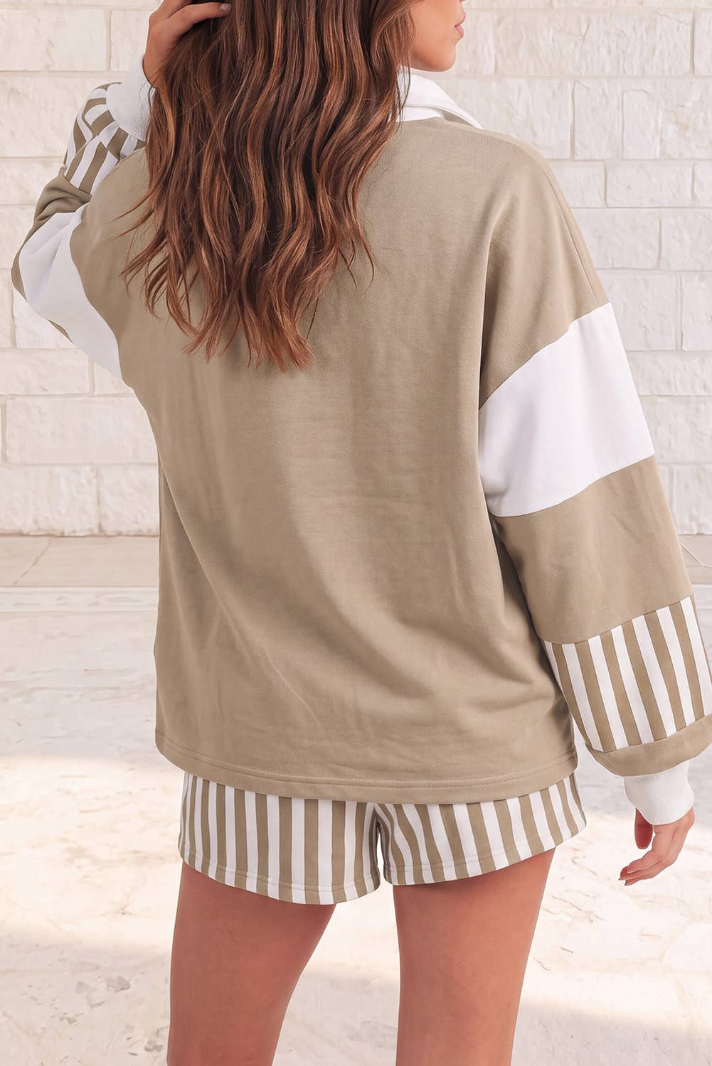 Smoke Green Striped Colorblock Sweatshirt & Shorts Set