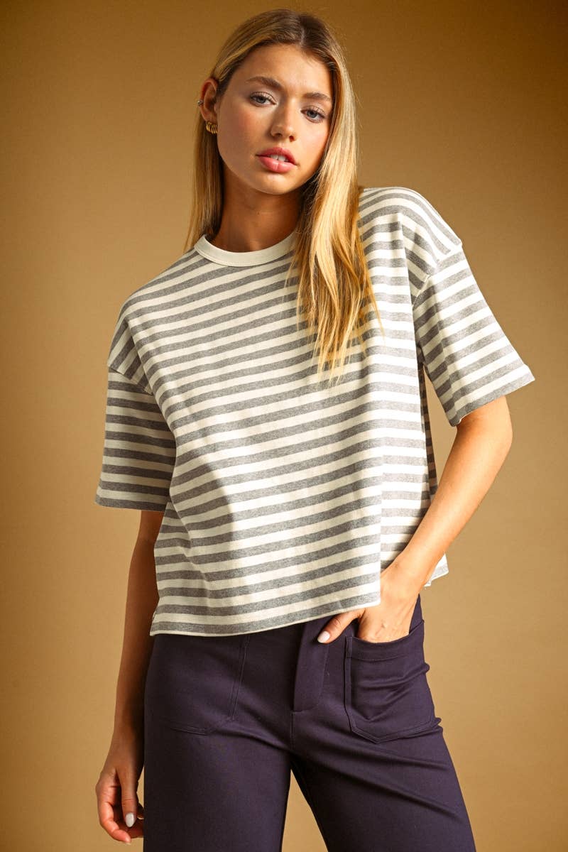 Heather Grey Bold-Stripe Cropped Short-Sleeve Top
