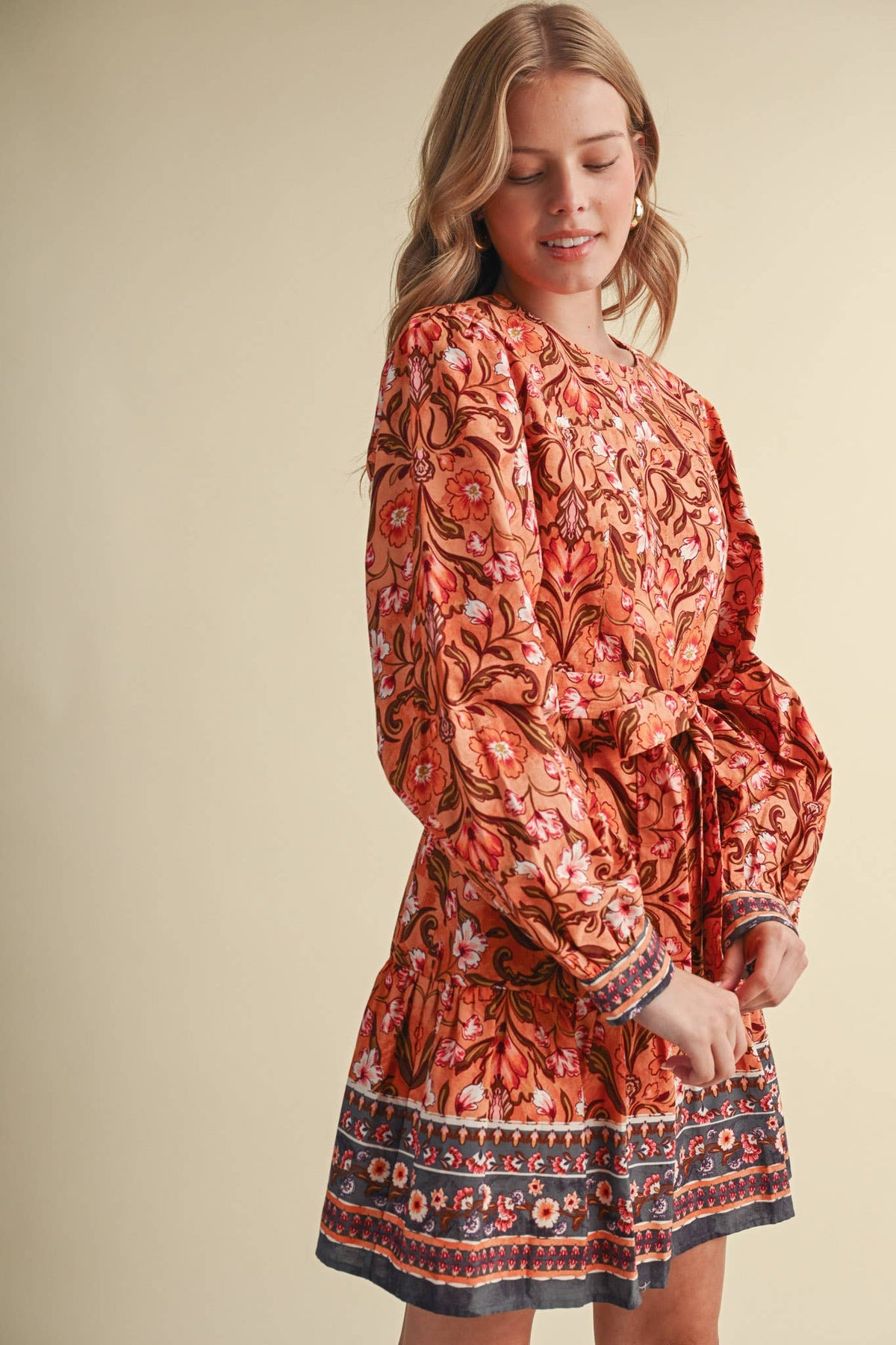 &MERCI Floral Border Print Belted Mini Dress - Brown/Olive Multi