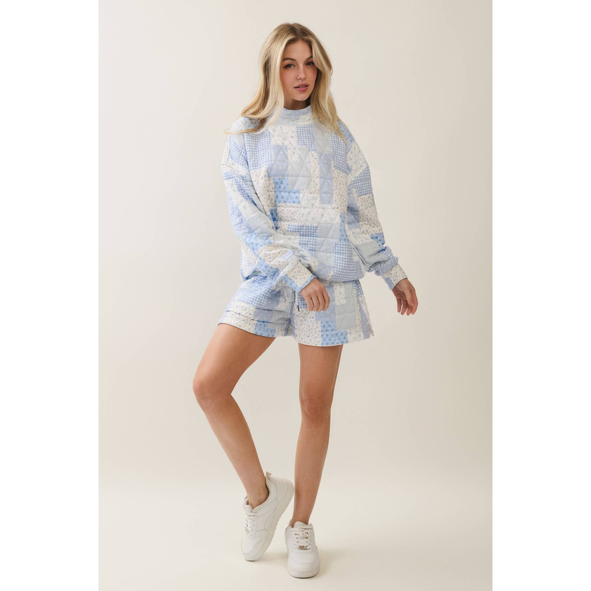 Veveret Pink Patchwork Quilted Mock Neck Pullover