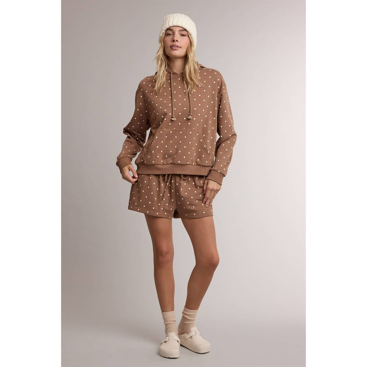 Wishlist Apparel Polka Dot Hoodie & Mini Shorts Set - Mocha/Cream