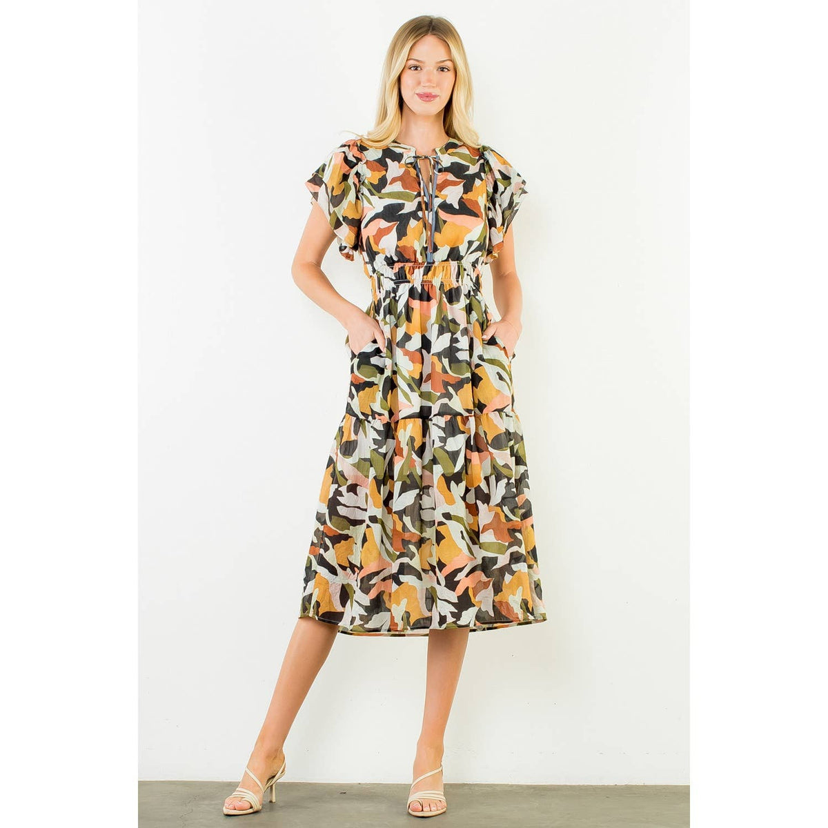 THML Olive Abstract Flowy Maxi Dress