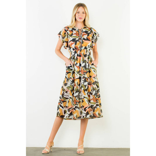 THML Olive Abstract Flowy Maxi Dress