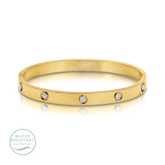 Splendid Iris Gold Cubic Zirconia Hinged Bangle - Water-Resistant
